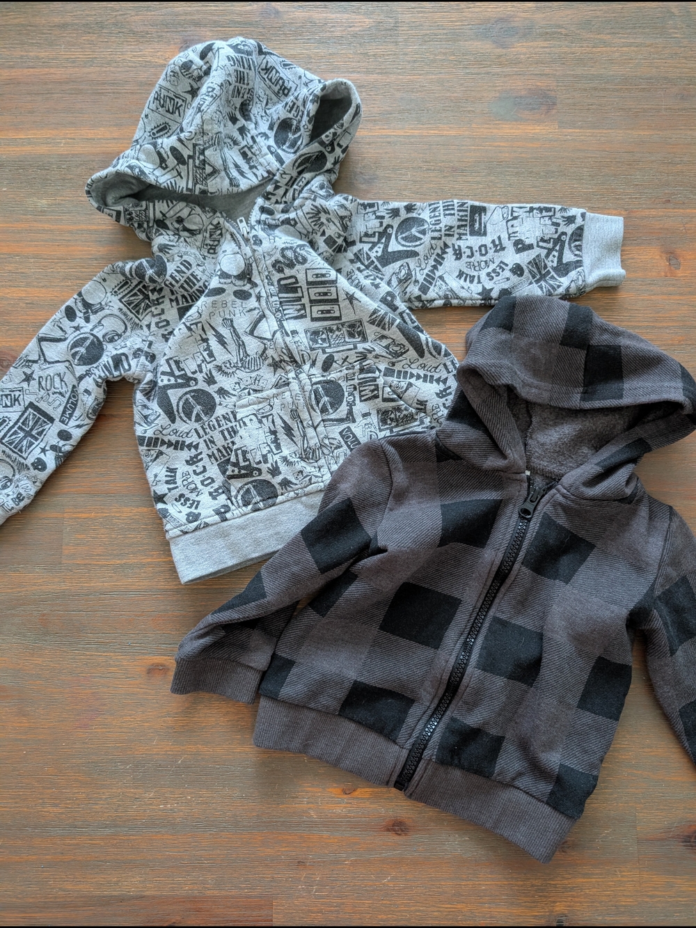 Kids Hooded Zip Jacket Duo - Gray Graphic & Charcoal Plaid